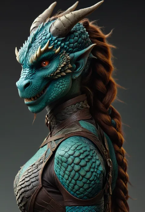 ((full body))hyperrealistic art female human dragon hybrid, covered in matte scales as skin, extreme close-up, striking reptilia...