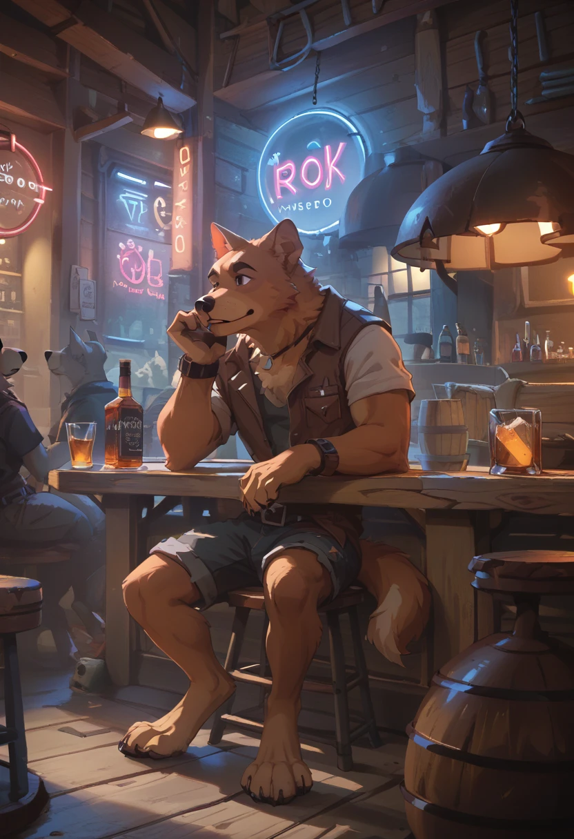 （Furry、Sitting with dog friend）Dark Tavern、Neon Light、Whiskey Rock、counter