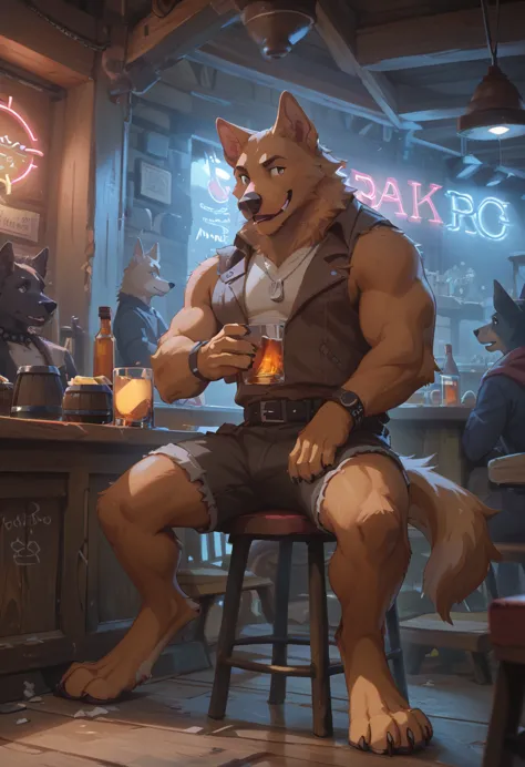 （Furry、Sitting with dog friend）Dark Tavern、Neon Light、Whiskey Rock、counter