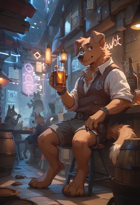 （furry、sitting with dog friend）dark tavern、neon light、whiskey rock、counter