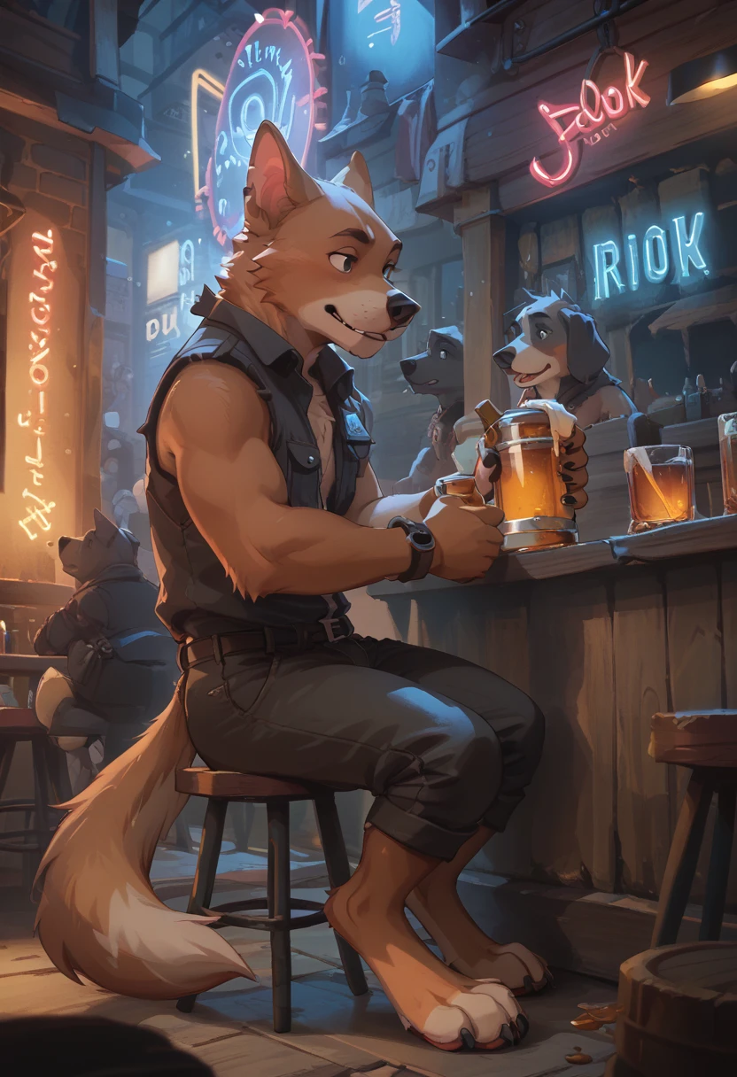 （Furry、Sitting with dog friend）Dark Tavern、Neon Light、Whiskey Rock、counter