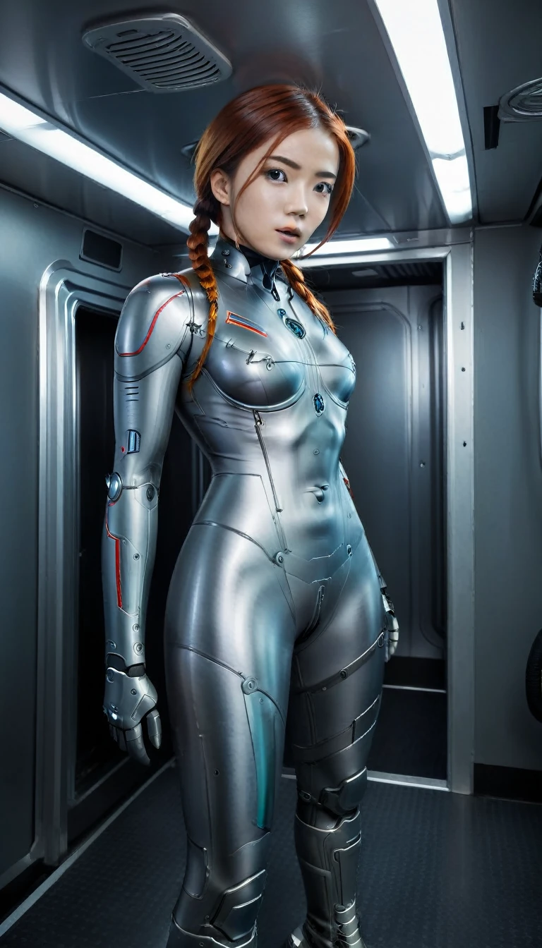 1 Girl、Medium Bust、solo、red Hair、Braid、Mobile Race Suit、Shoulder Armor、ceiling、Wide Shot、Looking Ahead、zipup suit 、Closed Mouth、Highest quality、medium quality、22 years old、Mobile Trace System、cockpit、Asian、CyborgCosplay

