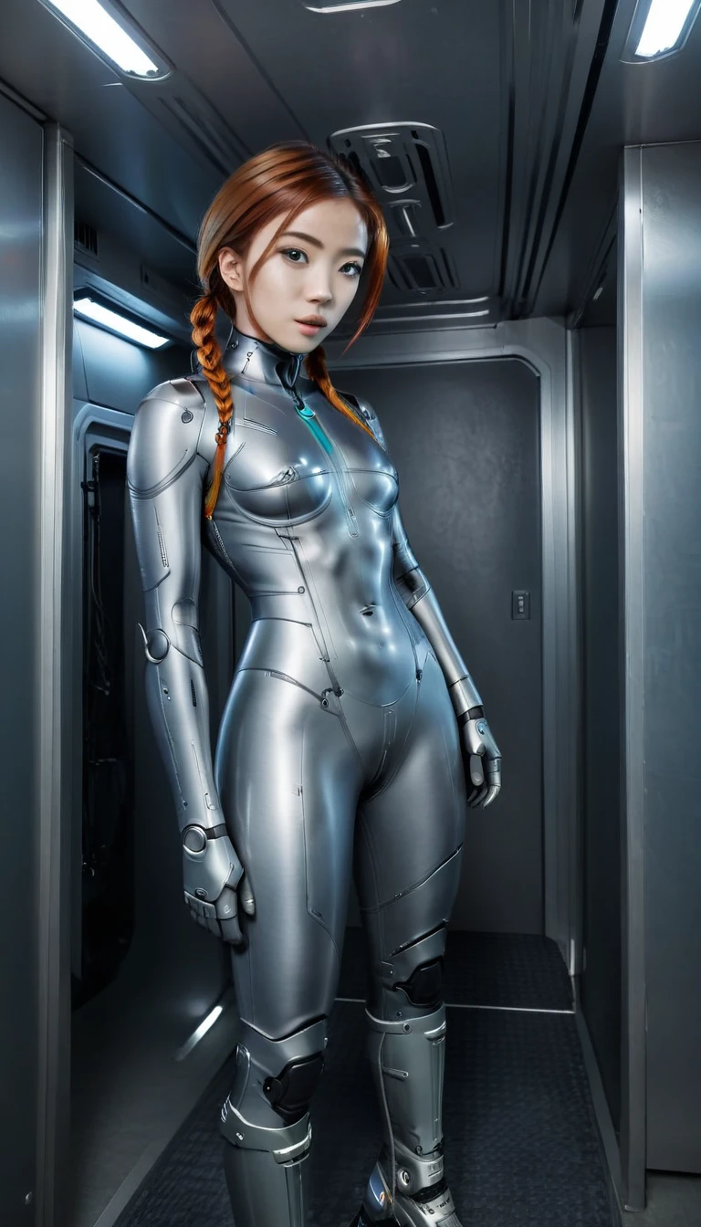 1 Girl、Medium Bust、solo、red Hair、Braid、Mobile Race Suit、Shoulder Armor、ceiling、Wide Shot、Looking Ahead、zipup suit 、Closed Mouth、Highest quality、medium quality、22 years old、Mobile Trace System、cockpit、Asian、CyborgCosplay

