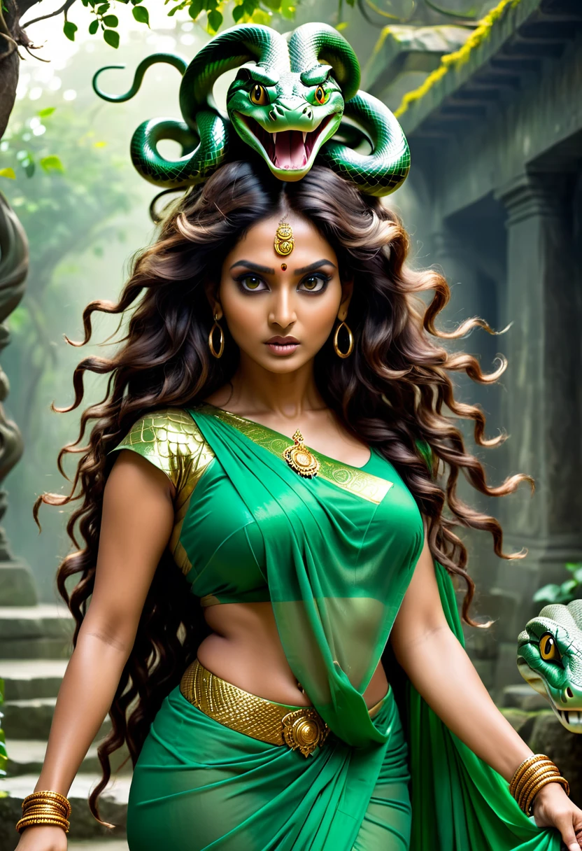 (dark scary atmosphere) (scary face) indian woman in a green saree with a snake head, brunette body, beautiful female gorgon, young woman as medusa, fierce medusa, beautiful woman, goddess of greek mythology, female medusa long hair, earth goddess mythology, cinematic goddess body shot, long flowing medusa hair, medusa