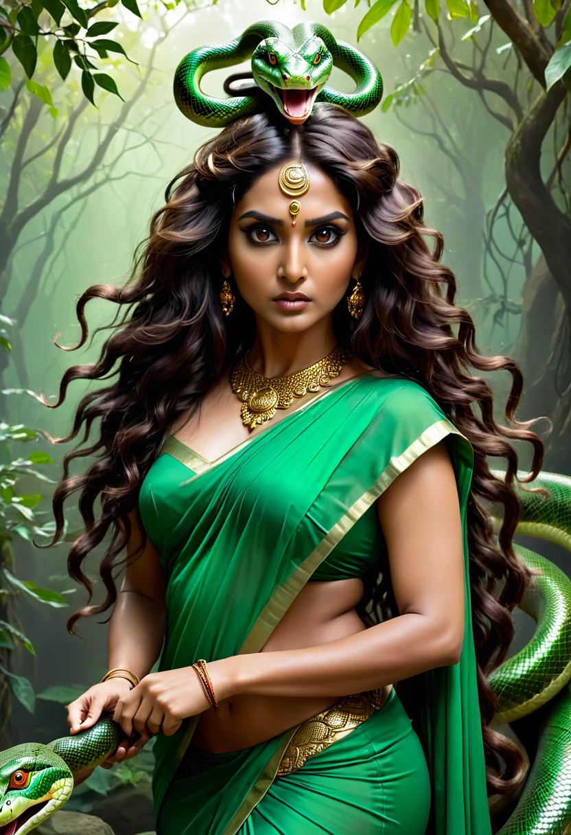 (dark scary atmosphere) (scary face) indian woman in a green saree with a snake head, brunette body, beautiful female gorgon, young woman as medusa, fierce medusa, beautiful woman, goddess of greek mythology, female medusa long hair, earth goddess mythology, cinematic goddess body shot, long flowing medusa hair, medusa