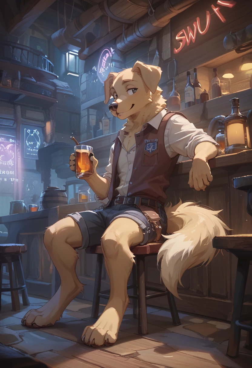 （Furry、Sitting with dog friend）Retriever、beige fur、Fluffy tail、seems kind、Dark Tavern、Neon Light、Whiskey Rock、counter