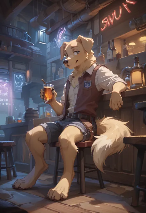 （furry、sitting with dog friend）retriever、beige fur、fluffy tail、seems kind、dark tavern、neon light、whiskey rock、counter