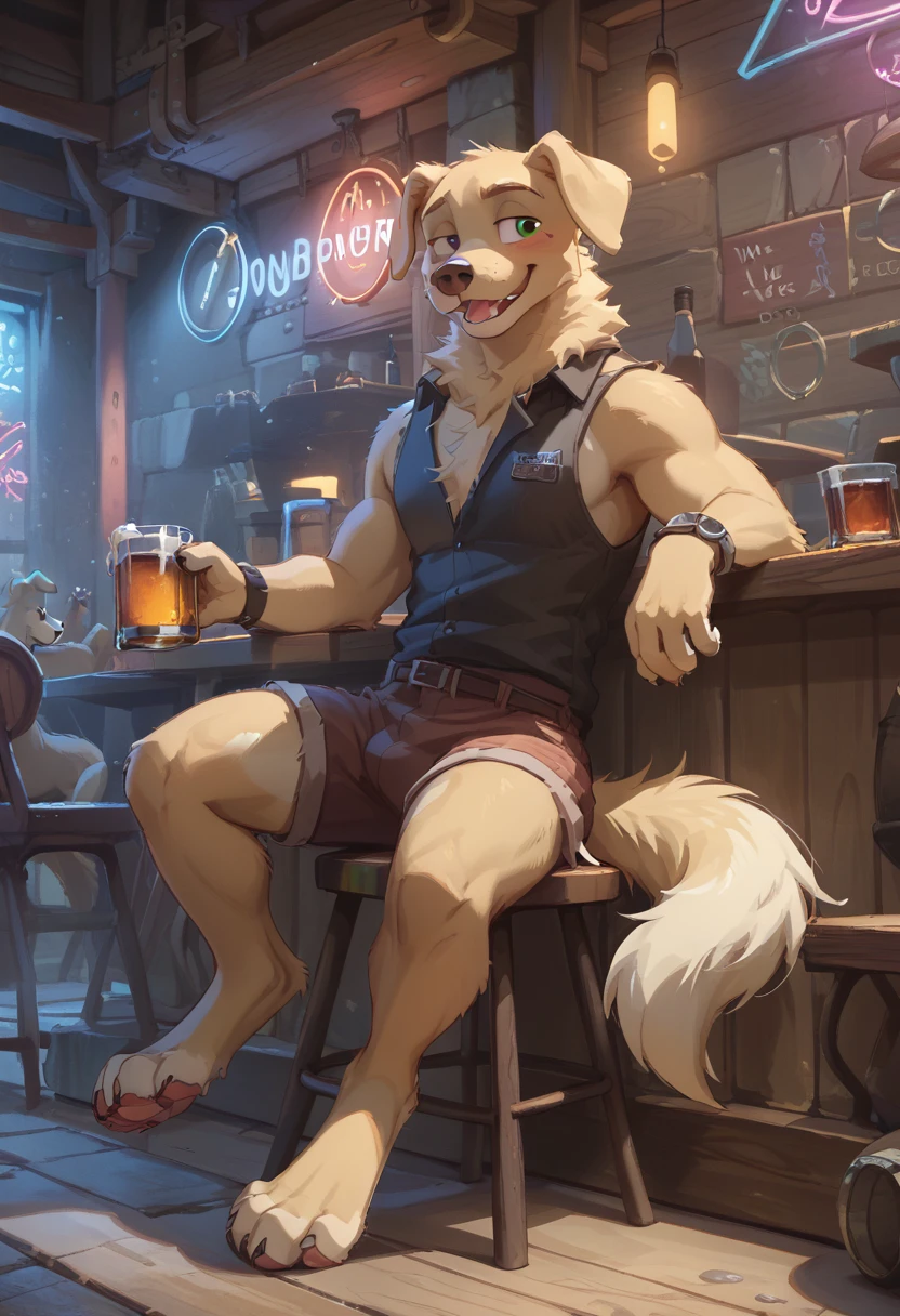 （Furry、Sitting with dog friend）Retriever、beige fur、Fluffy tail、seems kind、Dark Tavern、Neon Light、Whiskey Rock、counter、Being drunk