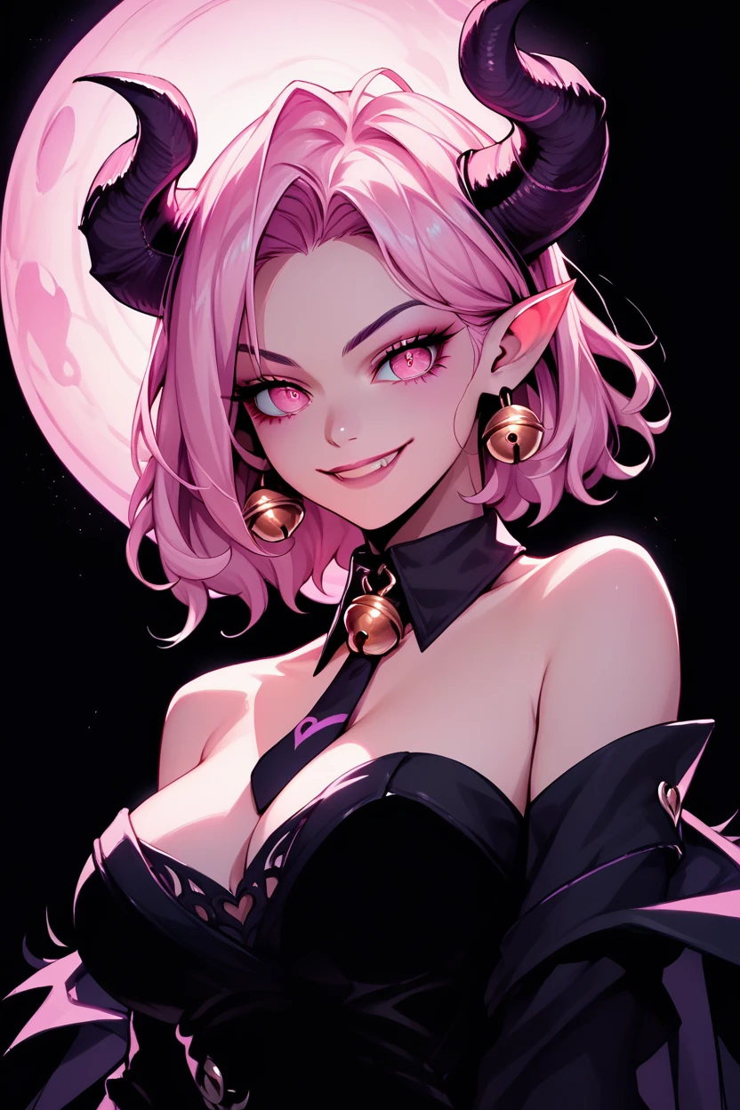 A high resolution, very detailed, perfect lighting, beautiful detailed eyes,   upper body, Black background, 1 girl, One, Looking at the viewer,   succubus, pink hair,demon horns, pointed ears, pink eyes, smiling, wing capes with collar, cut off sleeves, big breasts, tie with bell,  purple strapless top, Underworld,night, 