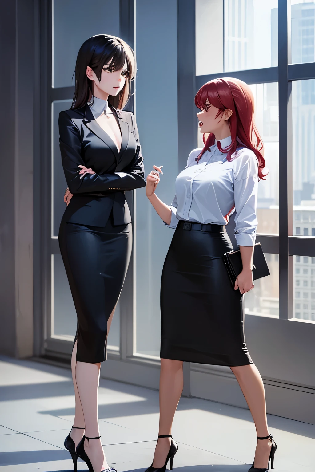 best quality, 2girl, beautiful angry business women looking at each other, yelling at each other, arguing, throwing hands, black business suit, black midi pencil skirt, black blazer, heels, full body, long hair, medium hair, office building, window