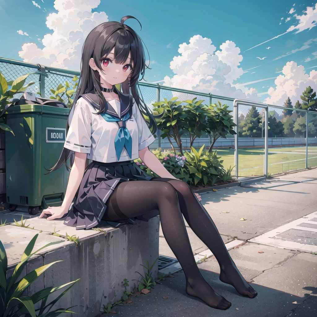 ((masterpiece, Highest quality)),girl, alone, skirt, null, Sitting, pantyhose, Seraphim, cloud,Outdoor, neckerchief ,Day, bangs, fence, shirt, Ahoge, rooftop, Long Hair, black pantyhose,Black Hair, white , white Sailor collar,Red eyes, Sailor collar, white skirt, white Seraphim blue null,white shirt, View your viewers, Mouth closed,chain-link fence, white skirt, cloudy null, trash can, Pleats,No shoes