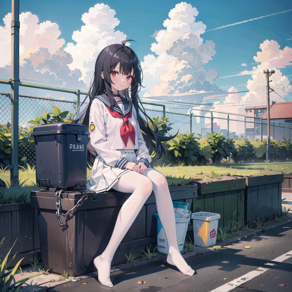 ((masterpiece, Highest quality)),girl, alone, skirt, null, Sitting, pantyhose, Seraphim, cloud,Outdoor, neckerchief ,Day, bangs, fence, shirt, Ahoge, rooftop, Long Hair, black pantyhose,Black Hair, white , white Sailor collar,Red eyes, Sailor collar, white skirt, white Seraphim blue null,white shirt, View your viewers, Mouth closed,chain-link fence, white skirt, cloudy null, trash can, Pleats,No shoes