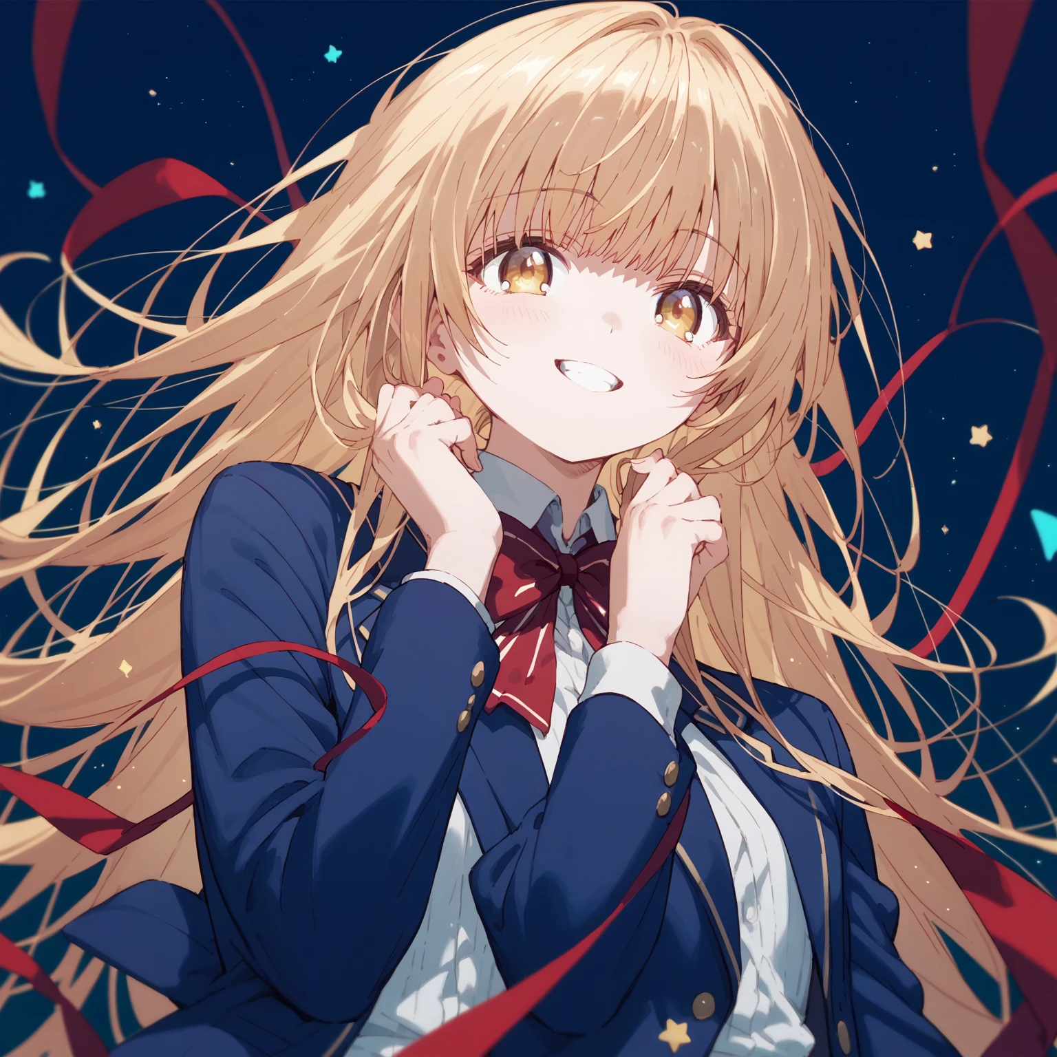 smile,alone,
mahirushiina,One girl,Blonde,Long Hair,
Blue blazer,Red bow tie,