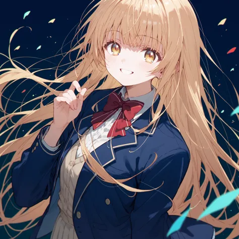 smile,alone,
mahirushiina,one girl,blonde,long hair,
blue blazer,red bow tie,