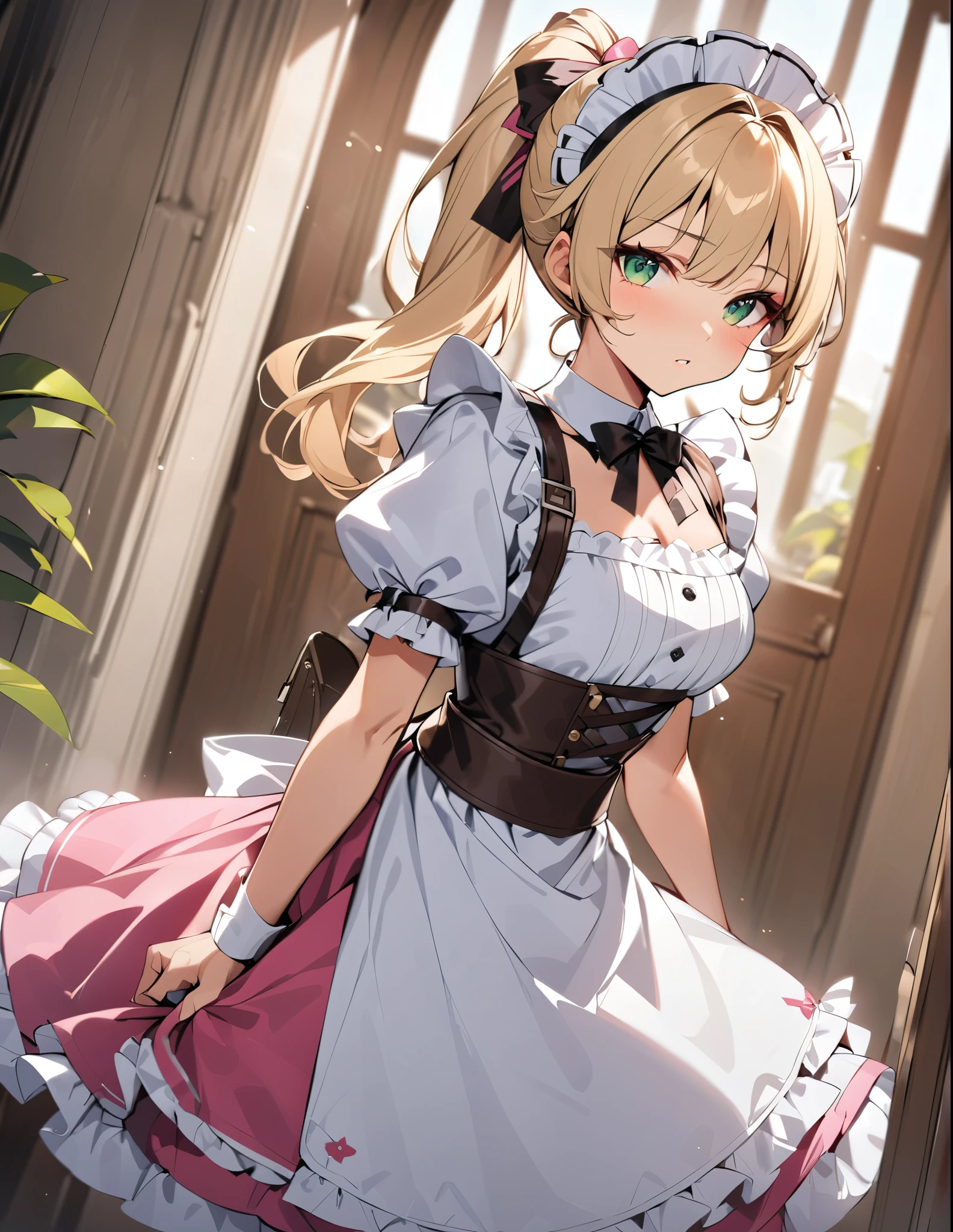 (best quality,4k,8k,highres,masterpiece:1.2),ultra-detailed, (1girl) A cute teenage gunslinger maid with green eyes, drawn in anime style, spiky light blonde hair in a long ponytail, victorian fashion, wearing a cute white maid dress with puffy sleeves, corset, tactical gear, light armour, petticoat, bloomers, pink pantyhose, pink tights, a frilly headband, a frilly pink apron, high-heel boots, ribbons, (perfect hands, complete fingers), (holding a gun with one hand, (Beretta 92FS)), steampunk style, guarding a mansion hallway, indoors, extremely detailed eyes and face,longeyelashes,volumetric lighting,cinematic lighting,protective posture,dramatic close up,highly detailed texture,intricate details.