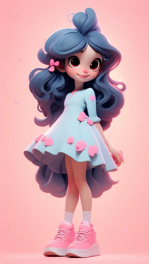 8k, highly detailed, beautiful girl, baby, chibi, , cover art, blue hair bow, brown long hair pink sleeve dress, white backgroun...