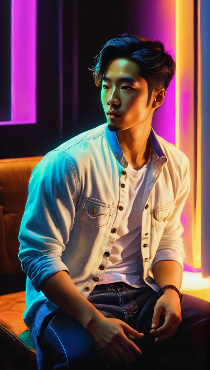 Black light art ，with black background，Carl Bacchus' style, Full body portrait of a very handsome young asian man sitting in living room, manbun hair style, ware white tshirt and denim pants