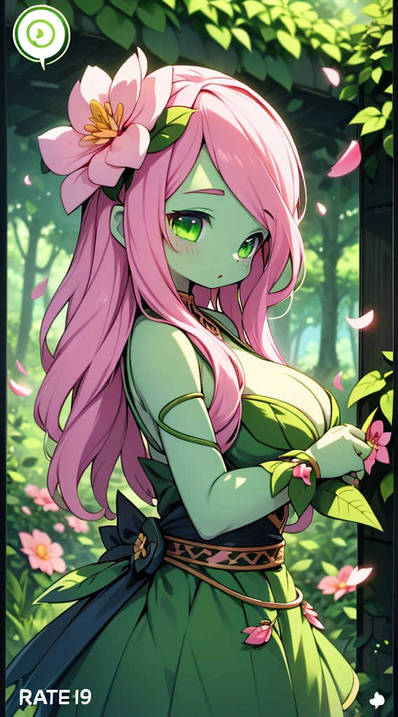 Plant Girl，Pink Hair，blade，blade decoration，Plant Girl，Plant Girl，Green Skin，Dark Skin，Green Skin，Sunbathing，Forest Background，Jungle Background，Lovely，Large Breasts，Big breasts and big buttocks，Petal costumes，Plant clothing，Petal skirt，Petal Clothes，Pink petals，Girl with flowers，Girl with vines growing on her body，alraune，Close-up shot from waist up，Upper body close-up，Petal skirt，wear a skirt，Flower Hair Card，Huge flowers，It is covered with flowers and vines