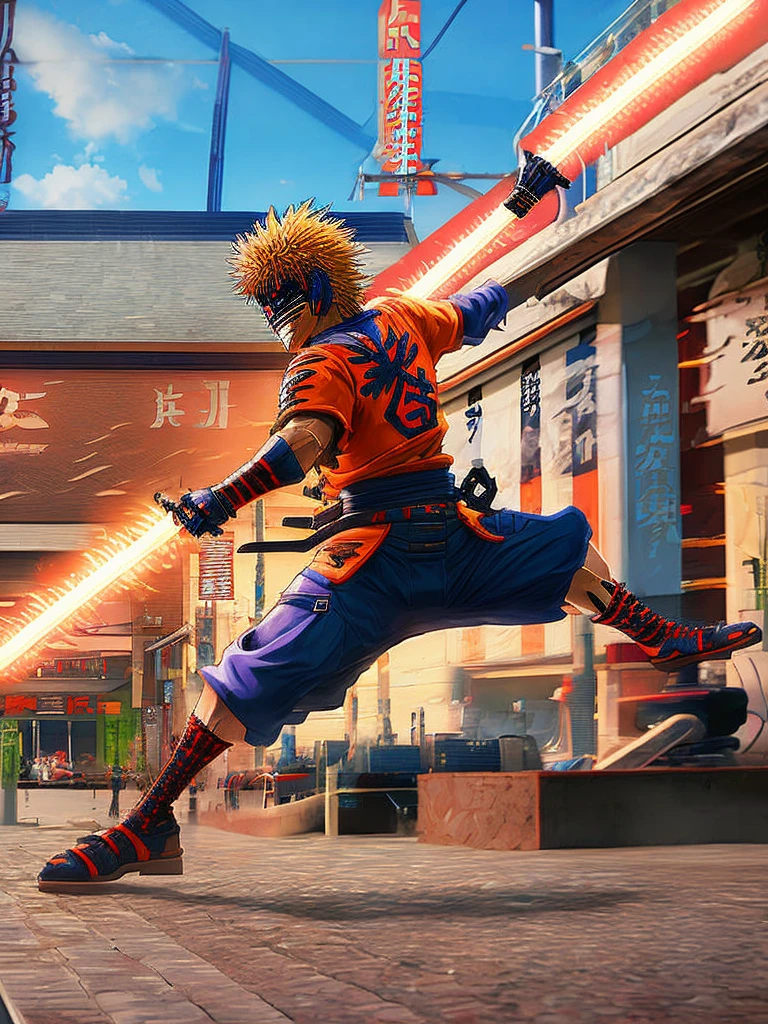 Katsuki Bakugo from &#39;My Hero Academia&#39; in high quality, with a dark and personalized theme. Show him in an aggressive pose, with dark and intense explosions coming from your hands. Capture his fierce and determined expression, highlighting the details of your hero uniform, including the big grenades on the arms.Use a dark, dramatic background, like a devastated cityscape or a stormy night with dark clouds and lightning. Add deep shadows and strong contrasts to highlight Bakugo&#39;s intense, menacing aura, highlighting your explosive energy and power in a dark environment