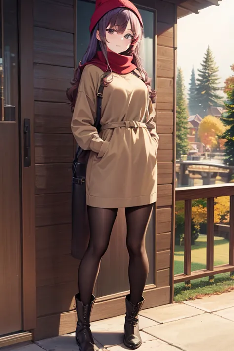 best quality, beautiful woman looking at viewer, brown hoodie, black midi pencil skirt, beanie, leather boots, red scarf, full b...