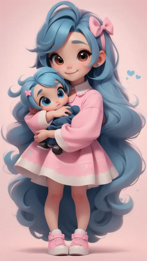 chibi baby 8k, highly detailed, beautiful girl, baby, chibi, , cover art, blue hair bow, brown long hair pink sleeve dress, whit...