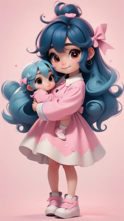 chibi baby 8k, highly detailed, beautiful girl, baby, chibi, , cover art, blue hair bow, brown long hair pink sleeve dress, whit...