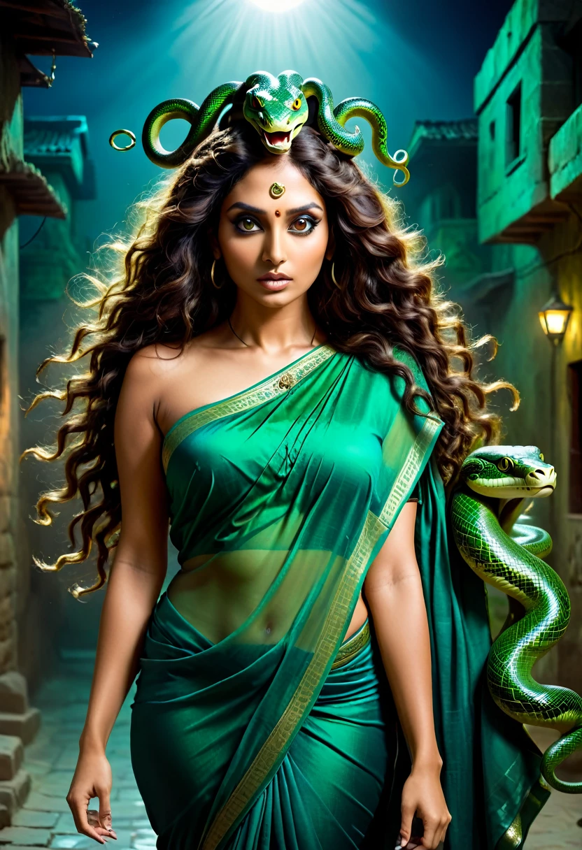 (noite escura atmosfera assustadora) (Cara assustadora) mulher indiana morena em um saree verde com uma cabeça de cobra, corpo morena, linda górgona feminina, young woman as Medusa, fierce Medusa, Mulher bonita, deusa da mitologia grega, female Medusa long hair, mitologia da deusa da terra, tiro no corpo da deusa cinematográfica, ambiente azul noturno, long flowing Medusa hair, Medusa