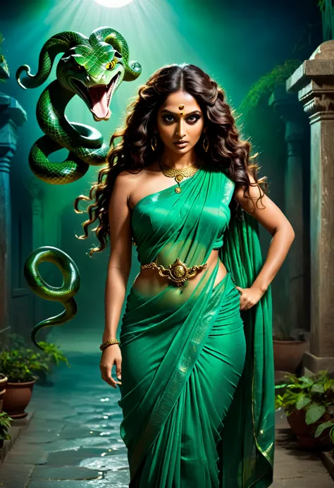 (dark night scary atmosphere) (scary face) indian brunette woman in a green saree with a snake head, brunette body, beautiful fe...
