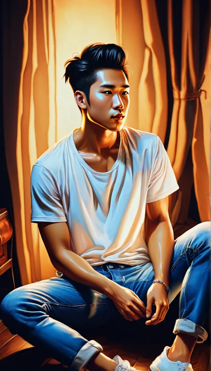 Black light art ，with black background，Carl Bacchus' style, Full body portrait of a very handsome young asian man sitting in living room, manbun hair style, ware white tshirt and denim pants