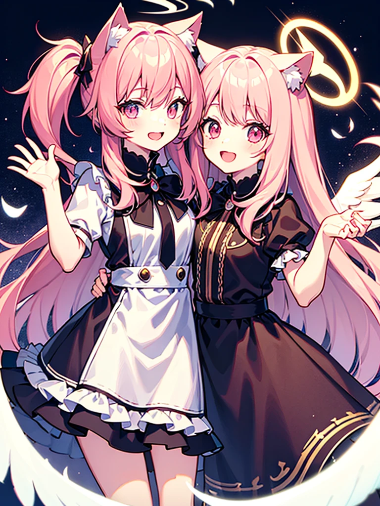 cat ears tail,long hair,pInk hair,angel shota,angel,halo,frilly angel uniform,Say good night and open mouth smile,
hyper detail and hyper precise illumination,anime style outline,crossdressing boy,