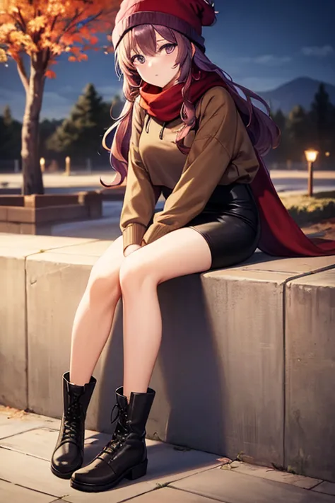 best quality, beautiful woman looking at viewer, brown hoodie, black midi pencil skirt, pencil skirt, beanie, leather boots, red...