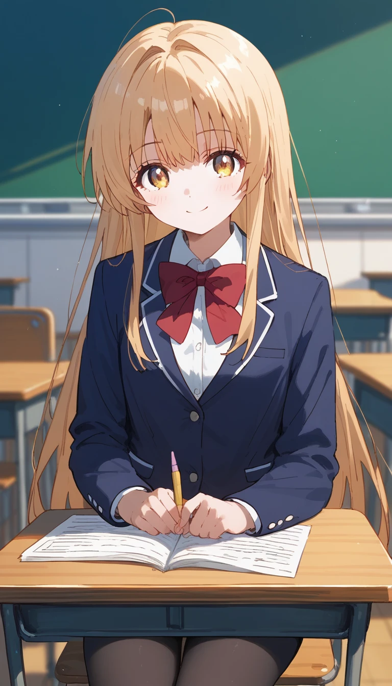 masterpiece,Ultra HD,score_4_onBREAK source_anime,可愛いanimeイラスト, masterpiece,high resolution,smile,alone,mahirushiina,One girl,Blonde,Long Hair,
Blue blazer,Red bow tie,black tights,School,classroom,