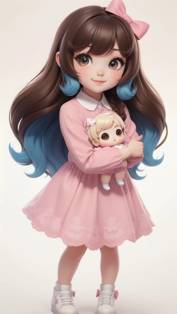 chibi bebê 8k, Altamente detalhado, garota linda, bebê, chibi, , Arte de capa, laço de cabelo azul, vestido castanho longo com manga rosa, fundo branco,Sapatos brancos, equilíbrio, Otimista, cabelo castanho, cabelo castanho,
