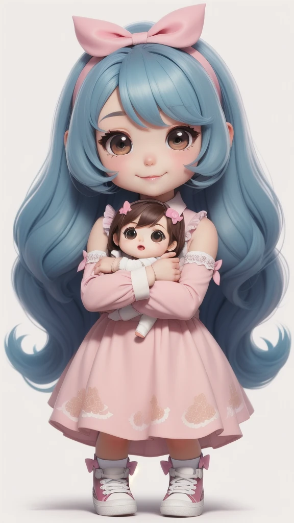 chibi bebé 8k, muy detallado, hermosa chica, bebé, chibi, , arte de la cubierta, lazo de pelo azul, vestido de manga rosa de pelo largo castaño, Fondo blanco,zapatos blancos, equilibrio, Optimista, Pelo castaño, Pelo castaño,
