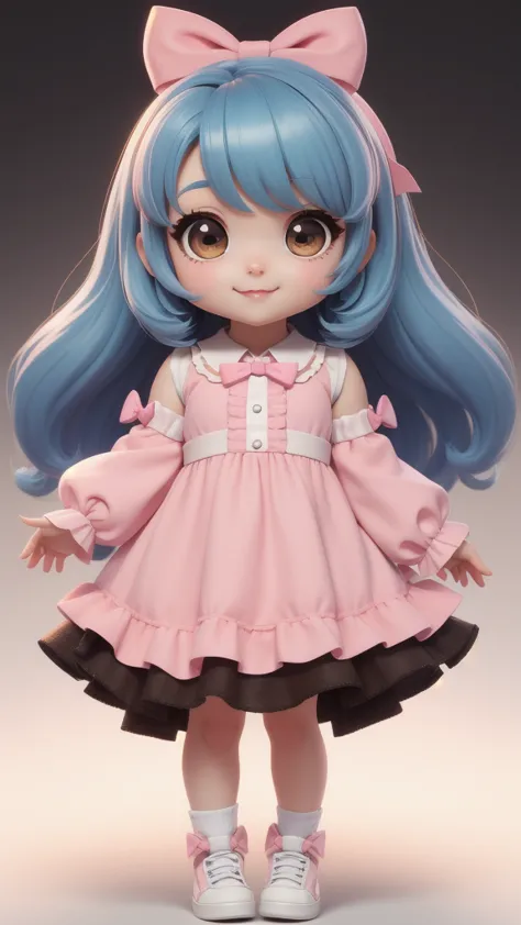 chibi baby 8k, highly detailed, beautiful girl, baby, chibi, , cover art, blue hair bow, brown long hair pink sleeve dress, whit...