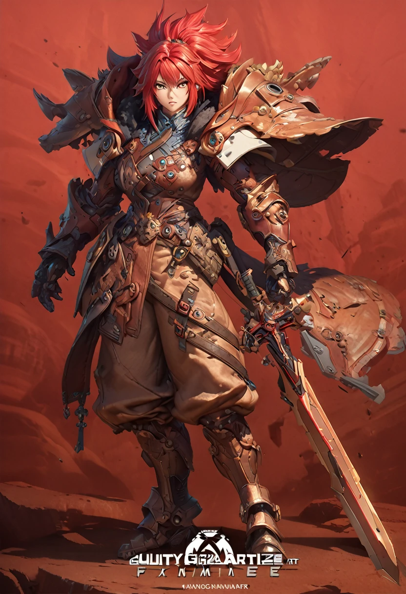 anime character with red hair and a sword in his hand, guilty gear art direction, guilty gear strive splash art, detailed digital anime art, detailed anime character art, stunning character art, by Yang J, 2. 5 d cgi anime fantasy artwork, epic exquisite character art, fanart best artstation, guilty gear art style, trending on artstation pixiv , red background