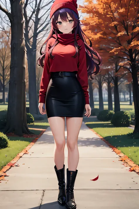 best quality, beautiful woman looking at viewer, red hoodie, black midi pencil skirt, beanie, leather boots, red scarf, full bod...