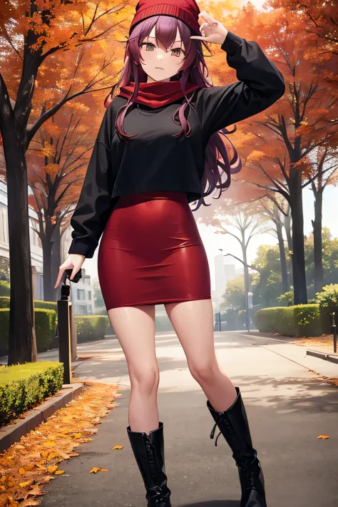 best quality, beautiful woman looking at viewer, red hoodie, black midi pencil skirt, beanie, leather boots, red scarf, full bod...