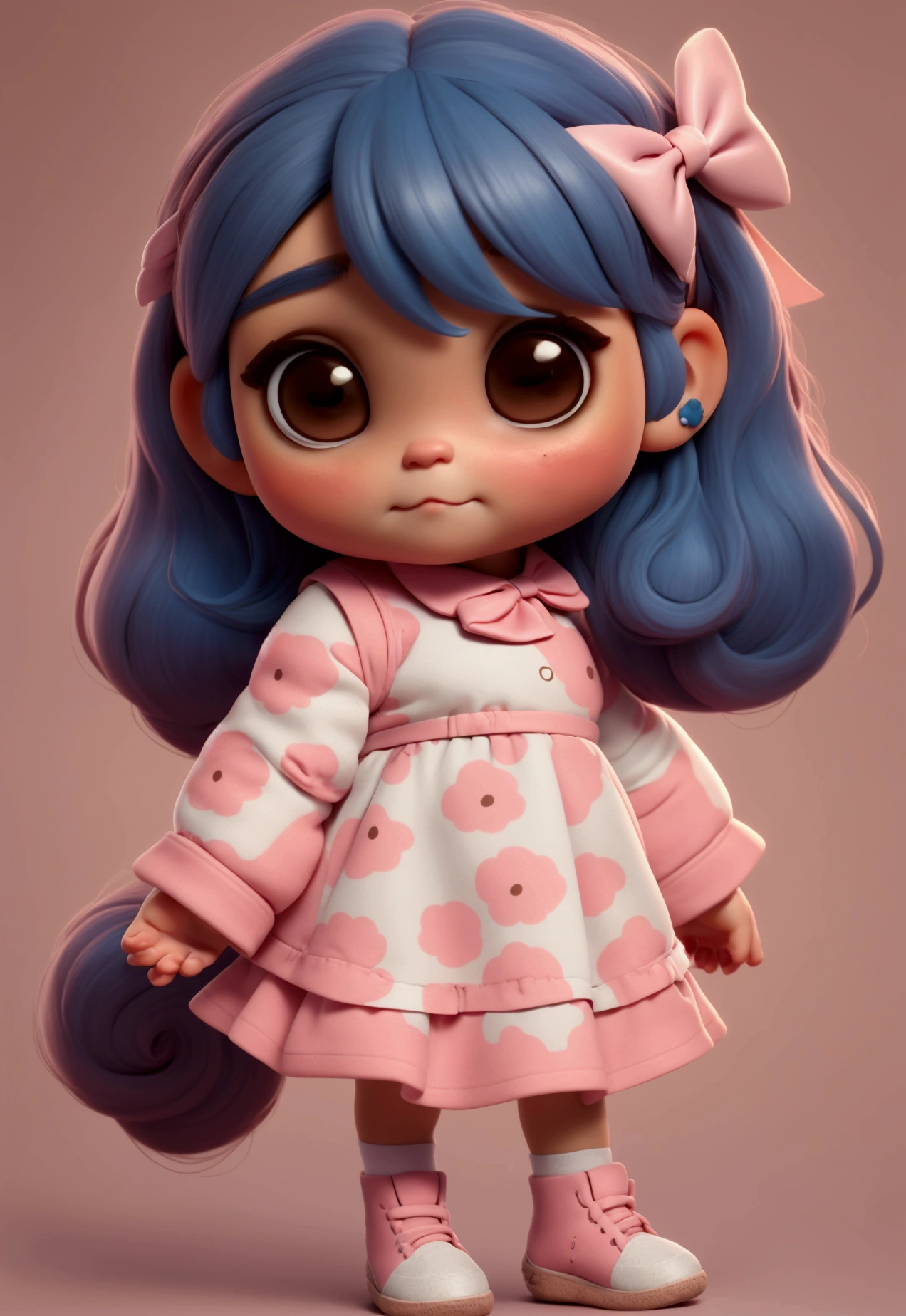 chibi baby 8k, highly detailed, beautiful girl, baby, chibi, , cover art, blue hair bow, brown long hair pink sleeve dress, white background,white shoes, balancing, optimistic, brown hair, brown hair,
