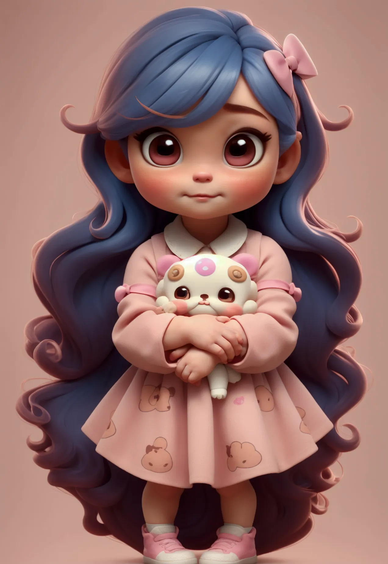 chibi baby 8k, highly detailed, beautiful girl, baby, chibi, , cover art, blue hair bow, brown long hair pink sleeve dress, whit...