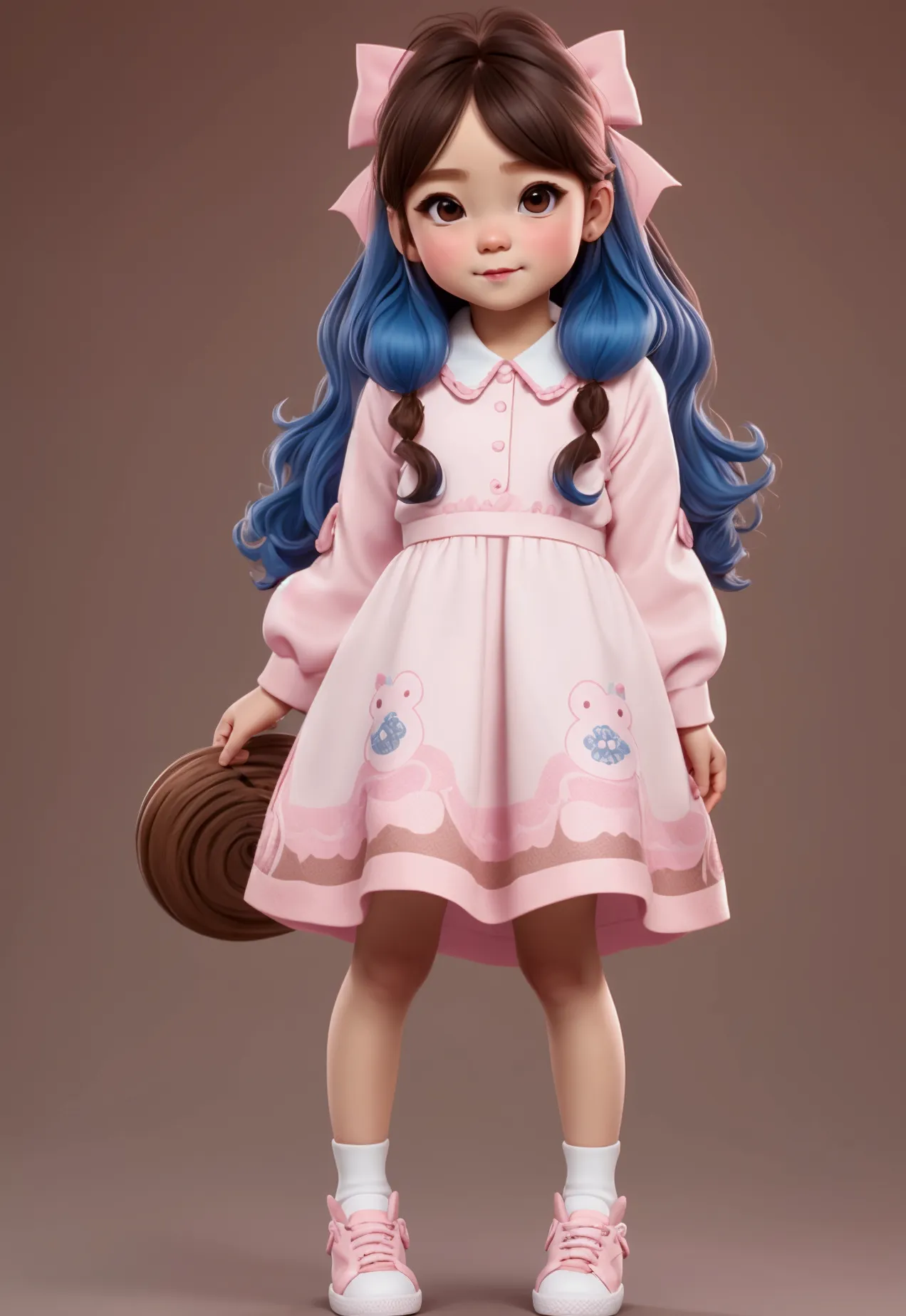 chibi baby 8k, highly detailed, beautiful girl, baby, chibi, , cover art, blue hair bow, brown long hair pink sleeve dress, whit...