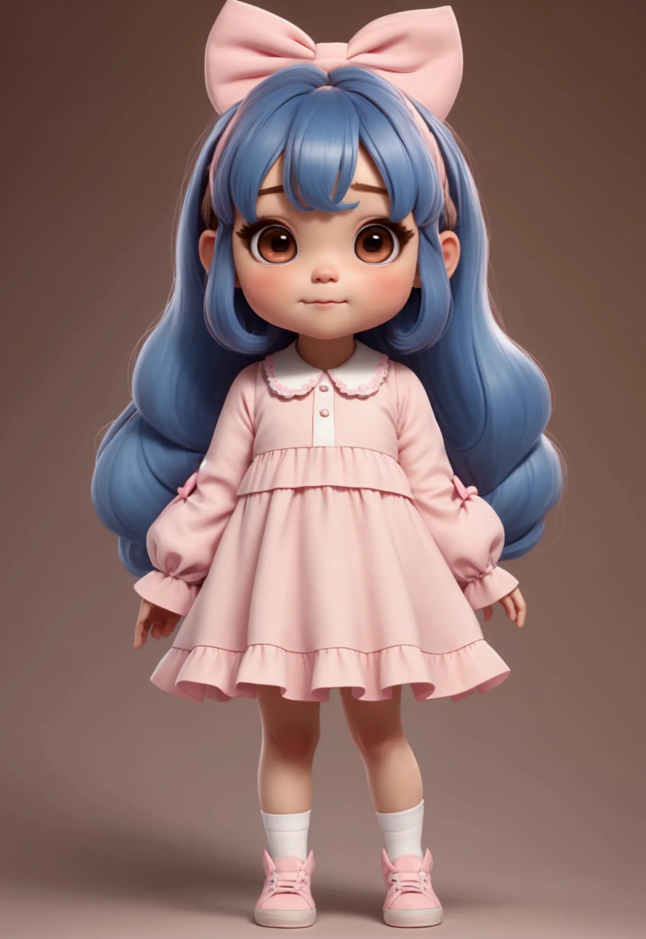 chibi baby 8k, highly detailed, beautiful girl, baby, chibi, , cover art, blue hair bow, brown long hair pink sleeve dress, whit...