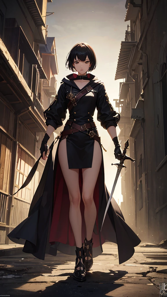 (masterpiece, 4K ,Super detailed:1.2), (anime:1), (Perfect quality), The whole body is shown, View Viewer, Holding a sword, tall, Desperate look, Ultra violent women, Short Hair, Powerfully々And, RPG concept art character, Elegant appearance