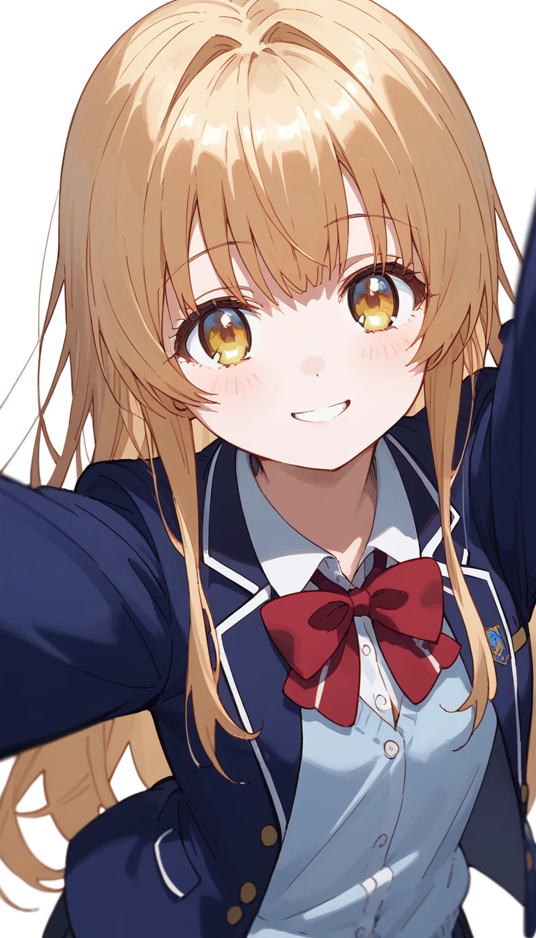 masterpiece,Ultra HD,score_4_onBREAK source_anime,可愛いanimeイラスト, masterpiece,high resolution,smile,alone,mahirushiina,One girl,Blonde,Long Hair,Selfie pose,Close your mouth,Blue blazer,Red bow tie,black tights,School,classroom,