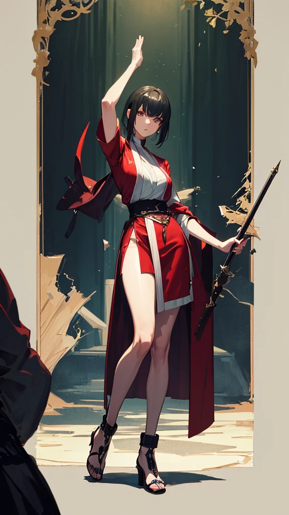 (masterpiece, 4K ,Super detailed:1.2), (anime:1), (Perfect quality), The whole body is shown, View Viewer, Martial Artist, tall, Desperate look, Ultra violent women, Short Hair, Powerfully々And, RPG concept art character, Elegant appearance