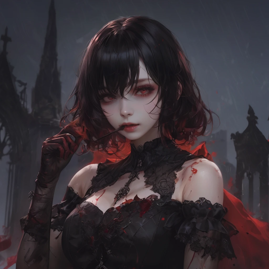 Midnight Cemetery、dawn、Red full moon、darkRedVampire、red and black bat、Red rain、Batware、Put on the bat、Bat Costume、Gothic Dress、Open your mouth、Licking my tongue、Vampire Fangs、Fascinating美しさ、Fascinating、Black Rose、skull、Red eyes、八重teeth、teeth、Unnaturally pale skin、Black gloves, (Blood splatter:1.5)