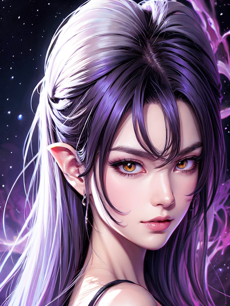 (Face ultra detailed, gaping mouth), (Fantasy illustration with gothic & ukiyo-e & comic book art), (whole body, A middle-aged dark elf woman with white hair, rhombus stripe, very long and disheveled hair, and dark purple skin, lavender eyes), (She is wearing a beautiful red silk wizard&#39;s robe with lace for women and thin black leather sandals.), She peers through a magnifying glass a glow, Burning, magical clock artifact on a large wooden table and examines it closely), break (Ancient artifacts that look like trash are in disarray in the background, and the shelves are packed with magic books)