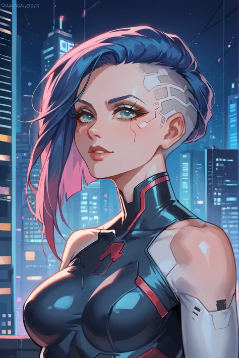 (upper body:1.5), in a futuristic cityscape, a lone girl stands against the backdrop of a towering, cyberpunk-inspired building....