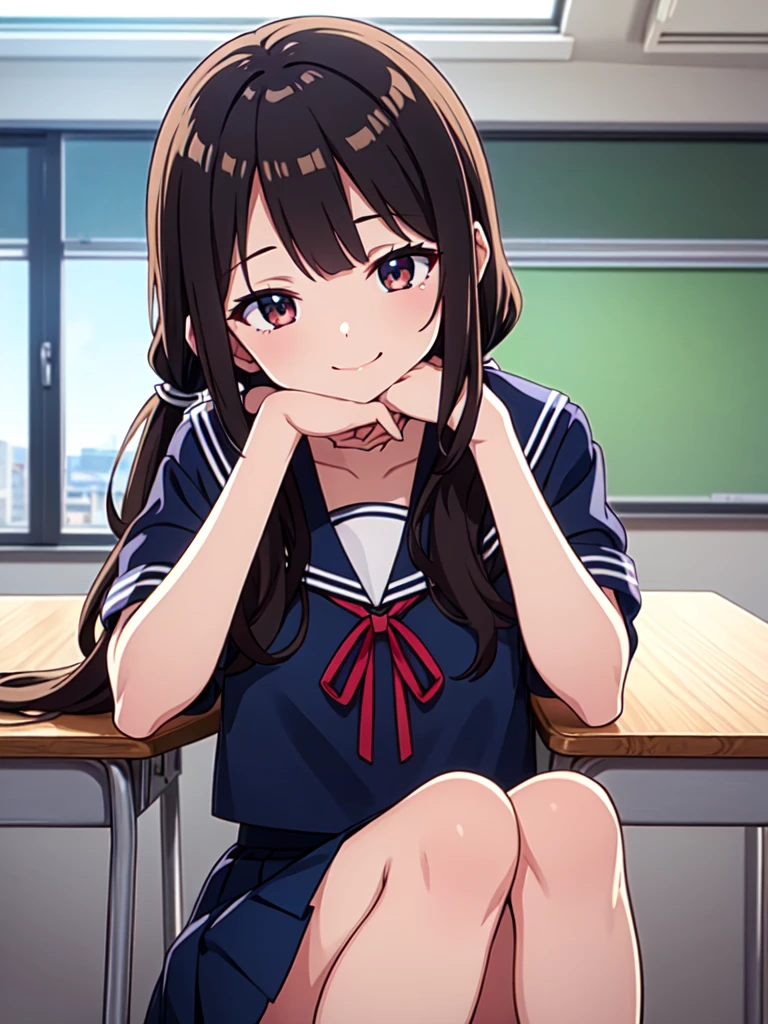 1girl, sitting, cover own mouth with hand, (head tilt), smile, 15yo,
classroom, indoors, school chair, school desk, (low twintails girl), low pigtails, red ribbon on hair, very long black hair,
white serafuku with blue ribbon, navy-blue collar, navy-blue skirt,
(dark brown eye), afternoon, summer,
school,
(from front:1.4), upper body,
anime, high brightness, detailed face, detailed eyes,
(high quality, ultra detailed, masterpiece, FHD)