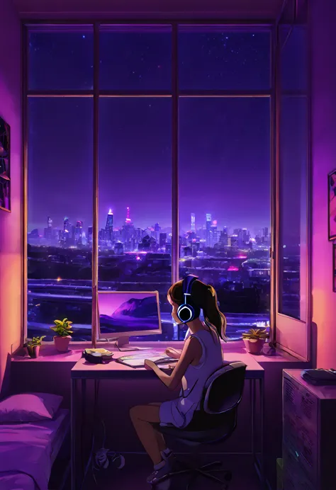 neon lights on the windowsill shine at night、woman living alone is studying at desk on left side wearing headphones。in the corne...